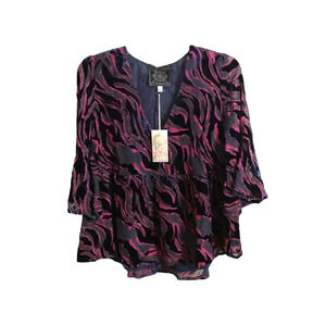 Johnny Was Women's Top SZ S Navy Blue Pink Velvet Silk Flouncy Selena Burnout